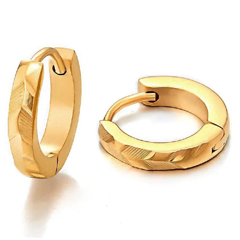 Hoop earrings with open designs for a modern, lighthearted vibe-Small Laser Pattern Huggie Hinged Hoop Earrings for Men Women, Steel Gold Color