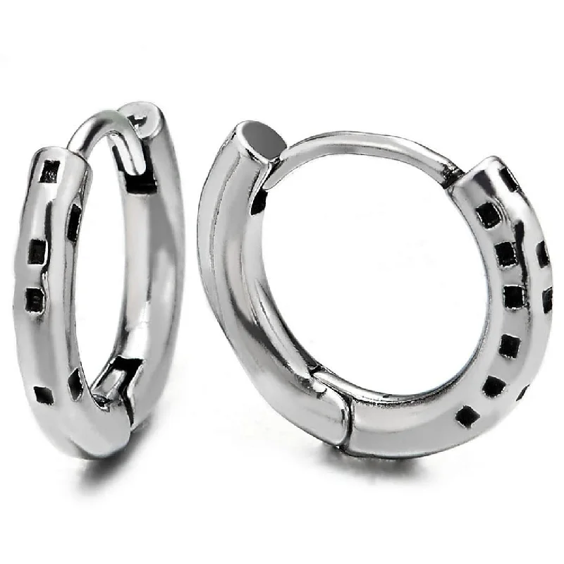 Best hoop earrings with multi-colored gemstones for a vibrant and lively touch-Stainless Steel Black Dotted Circle Huggie Hinged Hoop Earrings for Men Women, 2pcs