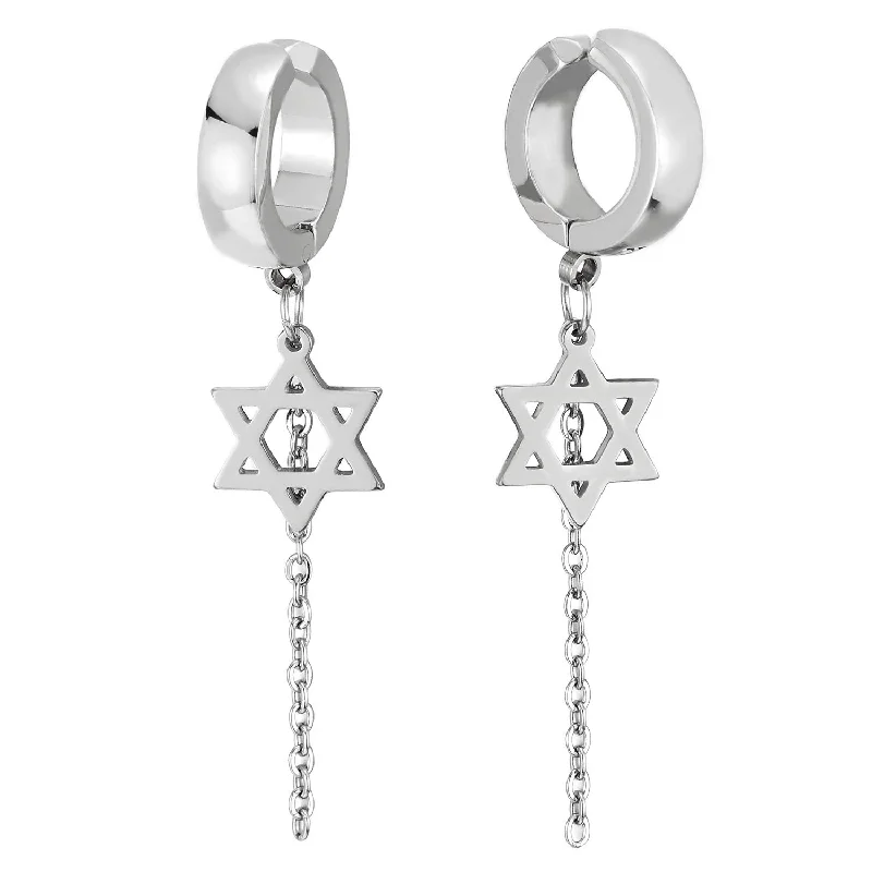 Hoop earrings with tortoiseshell designs for a chic and classic style-Steel Huggie Hinged Hoop Ear Clip Non-piercing Clip on Earring Dangling Star of David and Long Chain