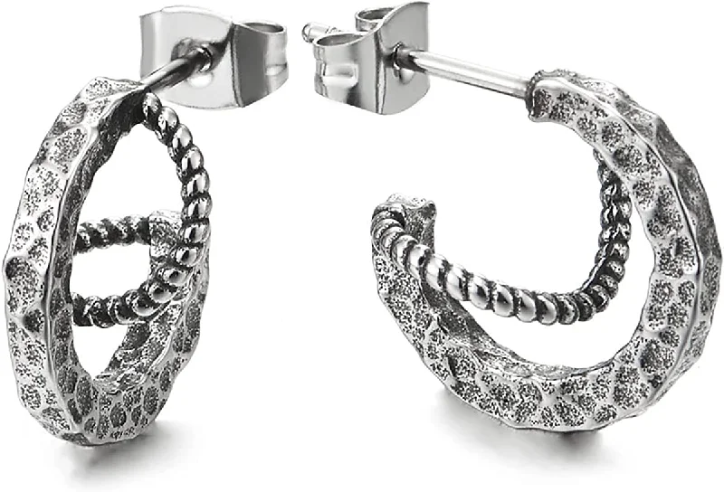 Hoop earrings with diamond-cut surfaces for added sparkle and shine-Vintage Rough Textured Spiral Wire Half Hoop Stud Huggie Hinge Steel Earrings for Man Women