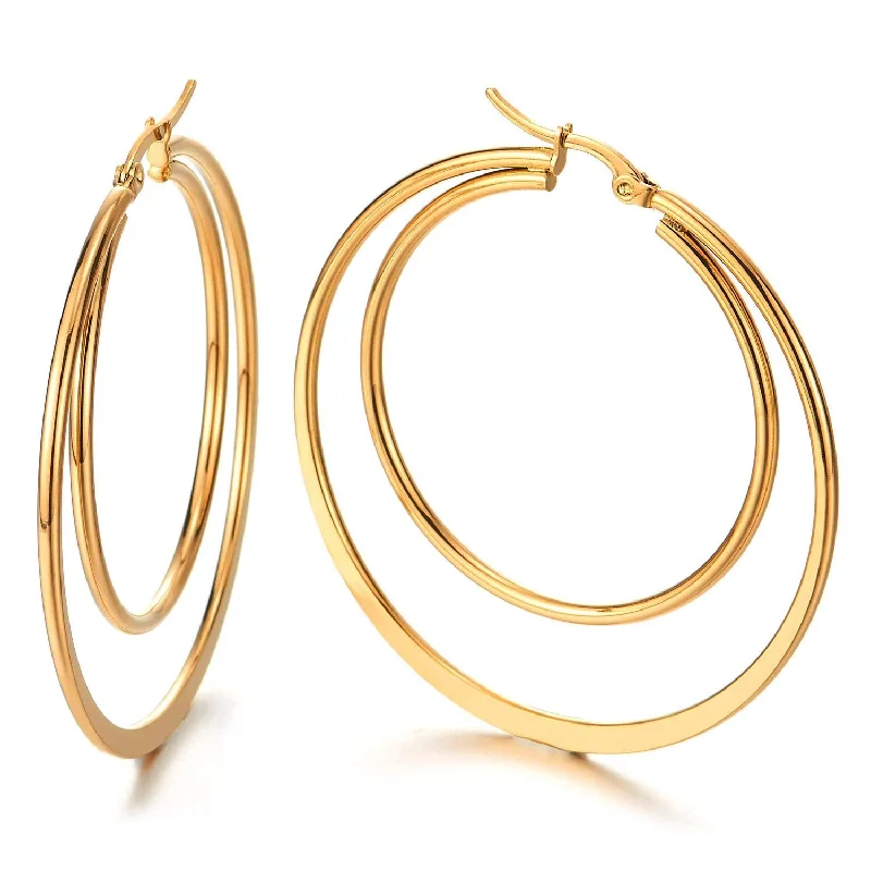 Hoop earrings with hearts for a sweet and romantic gesture-Women Steel Large Double Flat Plain Circle Huggie Hinged Hoop Earrings Gold