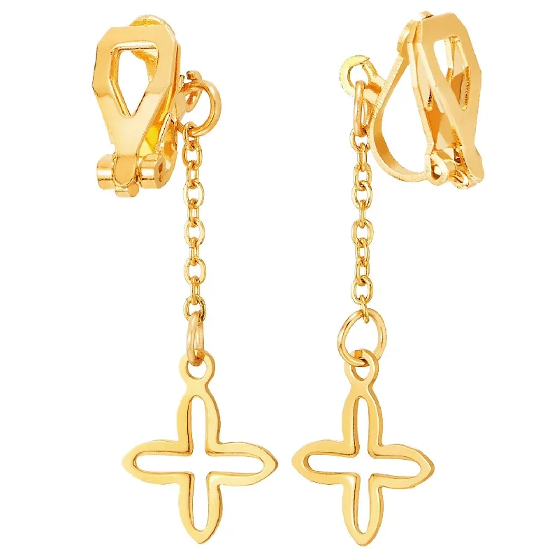 Best hoop earrings with asymmetrical designs for a fashion-forward, avant-garde look-Womens Steel Gold Color Earrings, Long Chain Drop Dangle Open Cross, Non-Piercing Clip On