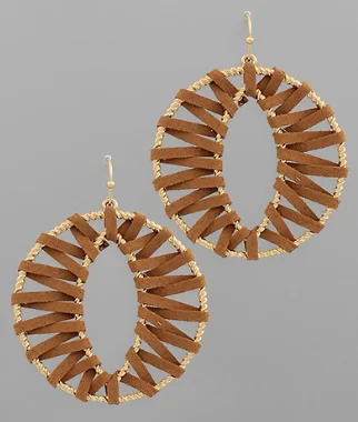 Hoop earrings with enamel stripes for a colorful and eye-catching design-Wrapped Leather Open Round Earrings in Brown