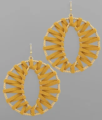 Hoop earrings with hearts for a sweet and romantic gesture-Wrapped Leather Open Round Earrings in Mustard