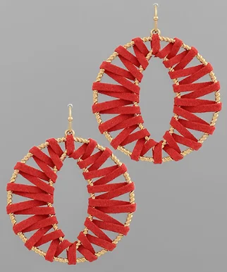 Best hoop earrings with matching bracelets for a coordinated jewelry set-Wrapped Leather Open Round Earrings in Red